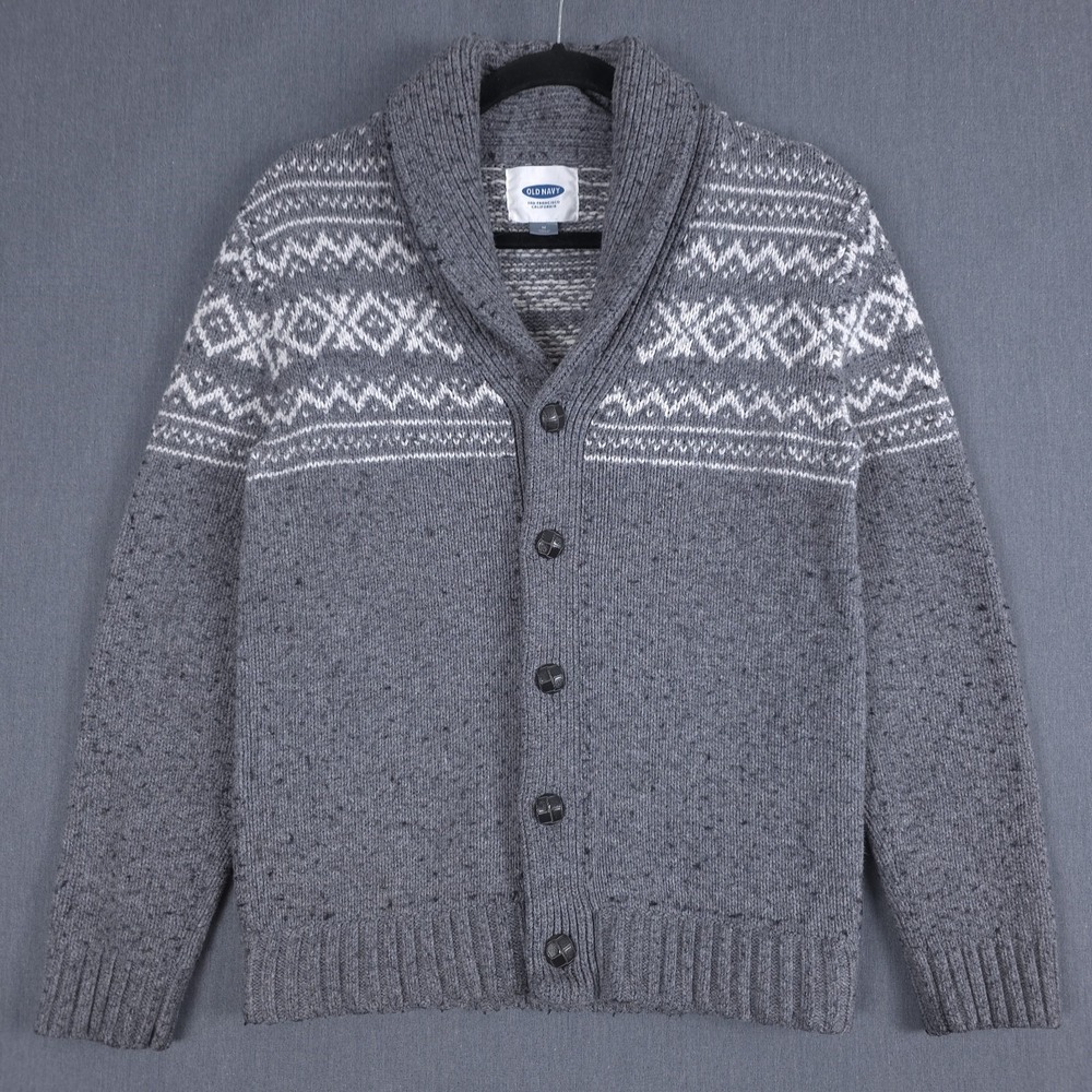 Old Navy Fair Isle Cardigan Mens Medium Gray Long Sleeve Shawl Collar Sweater